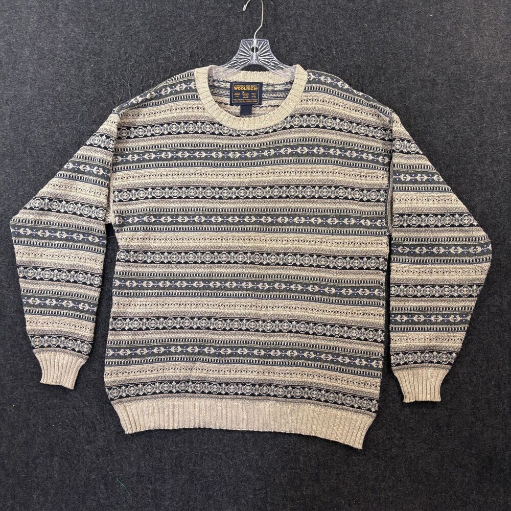 Woolrich Sweater Men's Medium Beige Fair Isle Knit Crewneck Pullover Made USA
